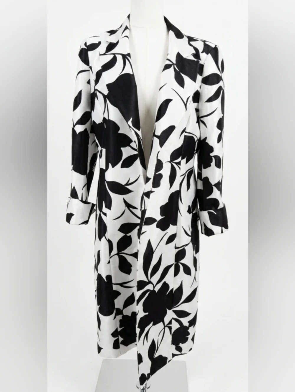 NWOT Le Suit Black and Off White Floral Long Coat Size 14 - Picture 2 of 16